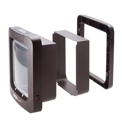 Image showing a three-part pet door assembly with the main flap unit, tunnel extension, and mounting frame displayed separately for installation guidance.
