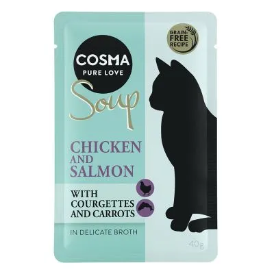 COSMA Pure Love Soup, Chicken and Salmon, met courgettes en wortels in delicate bouillon, graanvrij recept, 40g verpakking met silhouet van kat zichtbaar.