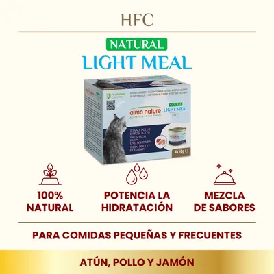 almo nature HFC Natural Light Meal, pack de 4x50g con atún, pollo y jamón. 100% natural, potencia la hidratación, mezcla de sabores. Para comidas pequeñas y frecuentes.