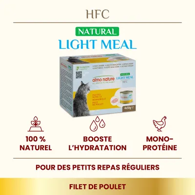 Almo Nature Light Meal HFC Natural filet de poulet, 4x50g. 100 % naturel, booste l’hydratation, mono-protéine. Pour des petits repas réguliers. Texte en français et anglais visible.