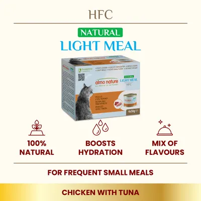 Natural light meal, 100% natural, boosts hydration, mix of flavours. For frequent small meals. Chicken with tuna flavour shown on packaging.