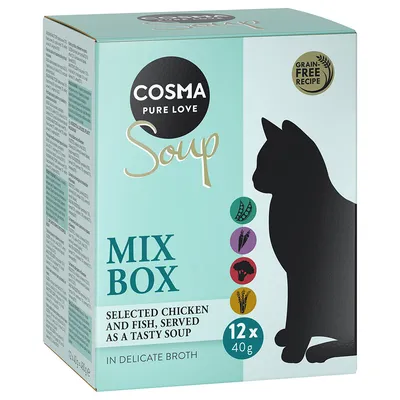 Кутия Cosma Pure Love Soup Mix Box, 12 x 40 г. Видими икони на грах, морков, броколи, зърнени храни. Надпис: Grain Free Recipe. Текстът е на английски.