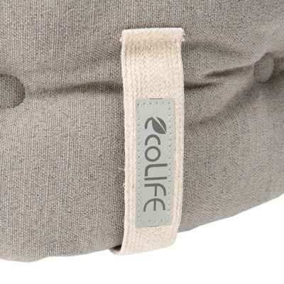 Ecolife-Label auf einem grauen Stoff mit beigem Griff, nachhaltiges Design sichtbar.