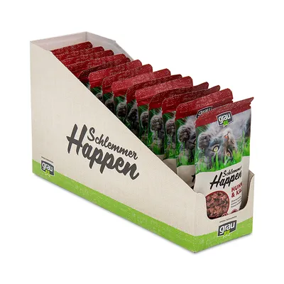 Zestaw saszetek grau Schlemmer Happen z widocznym opakowaniem zbiorczym i pojedynczymi saszetkami z wizerunkiem kota, napisem Huhn & Kalb oraz logo grau.