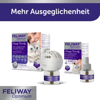 Feliway Optimum Happy Family, mehr Ausgeglichenheit für Katzen. Set mit Verdampfer und Nachfüllflakon für 30 Tage. Unterstützt Stressreduktion bei Katzen.