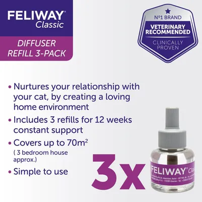 Feliway Classic diffuser refill 3-pack. Includes 3 refills for 12 weeks, covers up to 70m², simple to use, veterinary recommended, clinically proven.