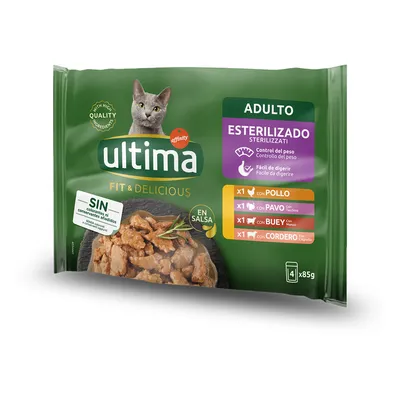 Ultima Fit & Delicious Adulto Esterilizado en salsa, 4 sobres de 85 g: 1 pollo, 1 pavo, 1 buey, 1 cordero. Sin colorantes ni conservantes añadidos. Control del peso, fácil de digerir.