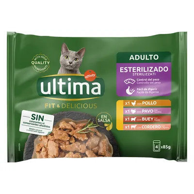 Ultima Fit & Delicious Sterilized aikuisille kissoille. 4x85g kastikkeessa: kana, kalkkuna, nauta, lammas. Ei väriaineita eikä säilöntäaineita. Laadukkaat ainesosat.