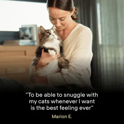 Text reads: 'To be able to snuggle with my cats whenever I want is the best feeling ever' - Marion E.