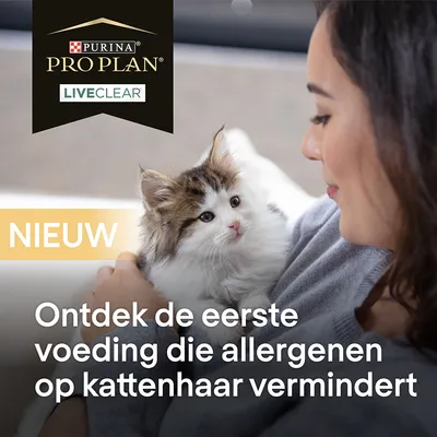 Purina Pro Plan LiveClear. NIEUW. Ontdek de eerste voeding die allergenen op kattenhaar vermindert.