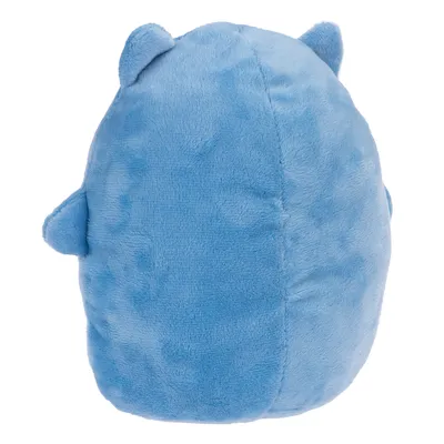 Pluche speelgoed in blauw met oren en kleine armen, achteraanzicht.