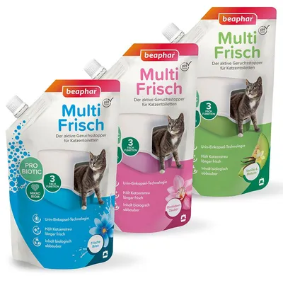 Tre confezioni beaphar Multi Frisch per lettiere per gatti, varianti Frische Brise, Orchideen Zauber, Vanille & Melone. Testo visibile: 3 Fach Funktion, Urin-Einkapsel-Technologie, biologisch abbaubar.