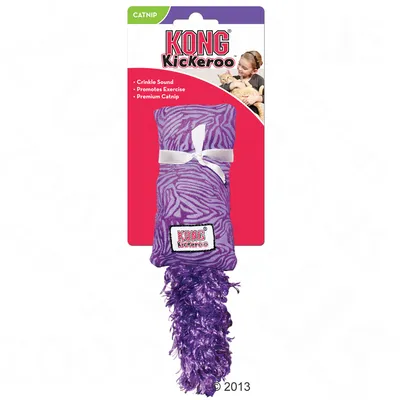 KONG Kickeroo toy with crinkle sound, promotes exercise and contains premium catnip, shown in purple packaging with product features listed.