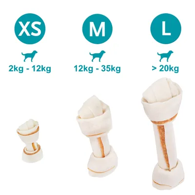 Maattabel kauwbotten: XS voor honden 2–12 kg, M voor 12–35 kg, L voor meer dan 20 kg. Afbeelding toont drie maten kauwbotten onder de bijbehorende categorieën.