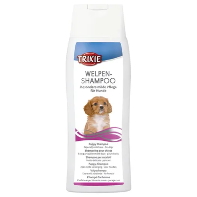 Trixie Welpen-Shampoo, besonders milde Pflege für Hunde. Puppy Shampoo mit extra sanfter Formel, mehrsprachige Beschreibung auf der Verpackung.