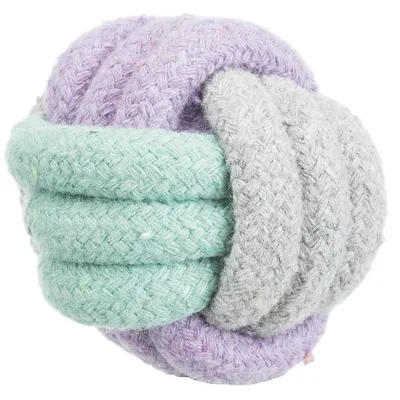 Balle en corde tressée pour animaux, composée de trois couleurs visibles : violet, gris et vert clair. Matière textile apparente.