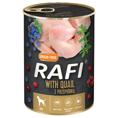 Boîte de nourriture pour chien adulte RAFI, grain free, with quail, z przepiórką. Ingrédients visibles : caille crue, myrtilles, herbes, canneberges. Marque Dolina Noteci.