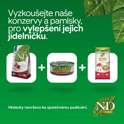 Vyskúšajte naše konzervy a maškrty N&D Prime na obohatenie jedálnička. Vedecky vyvinuté pre spoločné kŕmenie. Vyskúšajte naše konzervy a maškrty N&D Prime na obohatenie jedálnička. Vedecky vyvinuté pre spoločné kŕmenie.