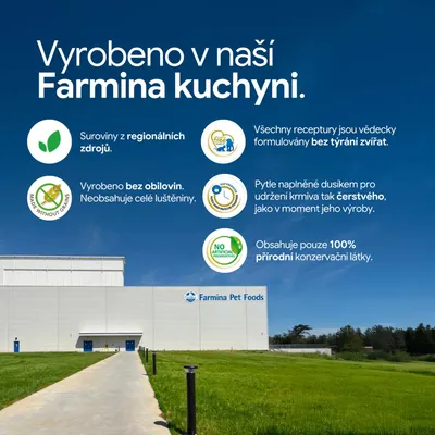 Farmina Pet Foods: Suroviny z regionálnych zdrojov, bez obilnín a strukovín, vedecky formulované bez týrania zvierat, 100% prírodné konzervačné látky, čerstvosť vďaka dusíku. Farmina Pet Foods: Suroviny z regionálnych zdrojov, bez obilnín a strukovín, vedecky formulované bez týrania zvierat, 100% prírodné konzervačné látky, čerstvosť vďaka dusíku.