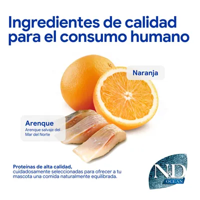 Ingredientes: naranja y arenque del Mar del Norte. Proteínas de alta calidad, cuidadosamente seleccionadas para una comida naturalmente equilibrada. N&D Ocean.