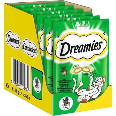 Dreamies prigrizki za mačke z neustavljivim okusom mačje mete, pakiranje po 60g, skupna vsebina 360g. Hrustljava lupina s kremnim polnilom. Vidno navodilo za recikliranje.