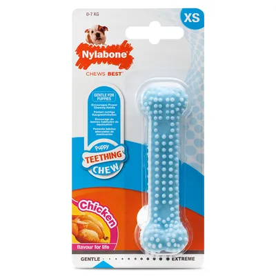 Jouet à mâcher Nylabone XS pour chiot, saveur poulet, bleu avec picots, emballage indiquant 'Puppy Teething Chew', poids 0–7 kg, mention 'Gentle for puppies'. Jouet à mâcher Nylabone XS pour chiot, saveur poulet, bleu avec picots, emballage indiquant 'Puppy Teething Chew', poids 0–7 kg, mention 'Gentle for puppies'.