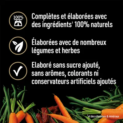 Complètes et élaborées avec des ingrédients 100 % naturels, nombreux légumes et herbes, sans sucre ajouté, arômes, colorants ni conservateurs artificiels ajoutés. Texte en fr_BE.