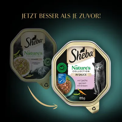 Sheba Nature's Collection in Sauce, mit Lachs garniert mit Erbsen, 85g. Zertifiziert nachhaltige Meeresfrüchte MSC. Jetzt besser als je zuvor!