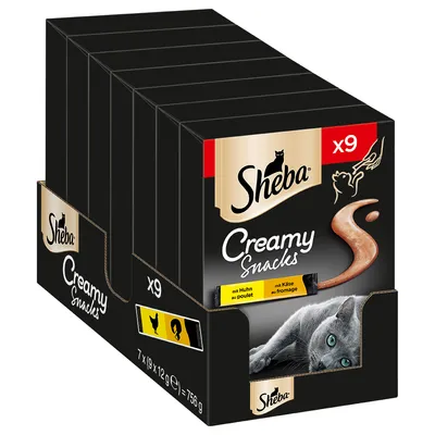 Confezione Sheba Creamy Snacks x9, visibili scritte 'mit Huhn', 'mit Käse', immagine di un gatto e snack cremoso. Peso totale 756 g (7x9x12g).