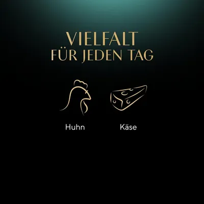 Vielfalt für jeden Tag. Zutaten: Huhn und Käse, dargestellt mit Symbolen.