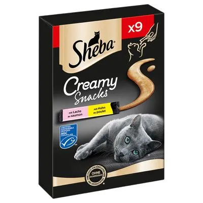 Sheba Creamy Snacks kattenvoer, x9 stuks, smaken: met Lachs/saumon en met Huhn/poulet. MSC-keurmerk zichtbaar. Zonder kunstmatige kleurstoffen volgens verpakking.