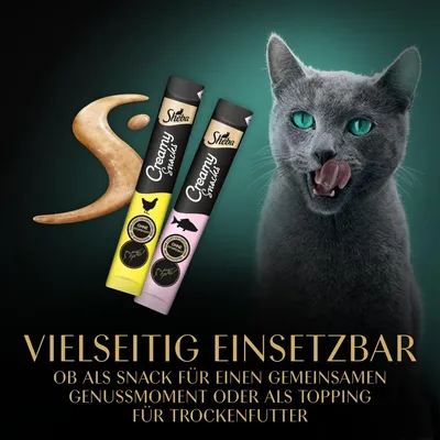 Sheba Creamy Snacks, vielseitig einsetzbar: als Snack für Genussmomente oder als Topping für Trockenfutter. Ohne künstliche Farb- und Konservierungsstoffe.
