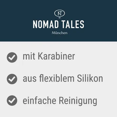 Nomad Tales München. Mit Karabiner, aus flexiblem Silikon, einfache Reinigung.