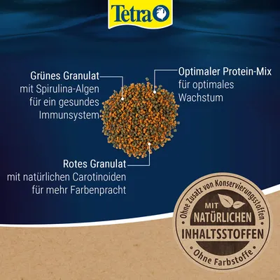 Tetra Fischfutter: Grünes Granulat mit Spirulina-Algen für Immunsystem, rotes Granulat mit Carotinoiden für Farbenpracht, optimaler Protein-Mix für Wachstum. Ohne Konservierungsstoffe. Tetra Fischfutter: Grünes Granulat mit Spirulina-Algen für Immunsystem, rotes Granulat mit Carotinoiden für Farbenpracht, optimaler Protein-Mix für Wachstum. Ohne Konservierungsstoffe.