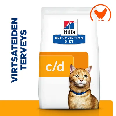Hill's Prescription Diet c/d -kissanruokapakkaus, teksti 'Virtsateiden terveys', oranssi kanan siluetti yläkulmassa.