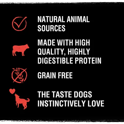 Teksti englanniksi: Natural animal sources, made with high quality, highly digestible protein, grain free, the taste dogs instinctively love.