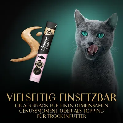 Sheba Creamy Snacks, vielseitig einsetzbar: als Snack für gemeinsamen Genussmoment oder als Topping für Trockenfutter. Ohne künstliche Farb- und Konservierungsstoffe.
