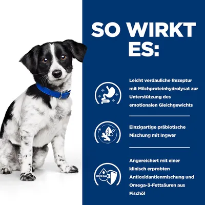 So wirkt es: Leicht verdauliche Rezeptur mit Milchproteinhydrolysat, präbiotische Mischung mit Ingwer, Omega-3-Fettsäuren und Antioxidantien zur Unterstützung des emotionalen Gleichgewichts.