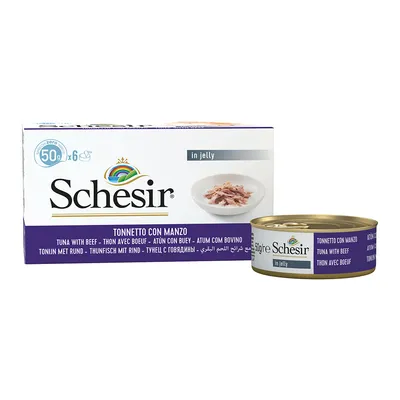 Schesir Thon avec bœuf en gelée, boîte de 50 g, lot de 6. Texte visible : Tonnette con manzo, tuna with beef, thon avec bœuf. Image d’un bol de thon sur l’emballage.