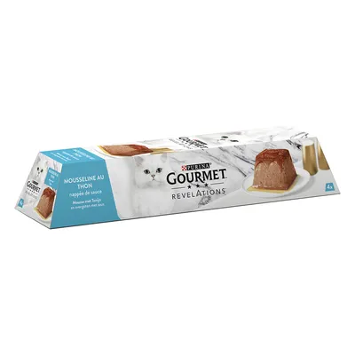 Purina Gourmet Revelations mousse with tuna, topped with sauce. Packaging shows product image and white cat. Contains 4 portions.