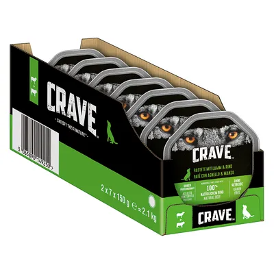 Crave paštéta s jahňacinou a hovädzím, 2 x 7 x 150 g, bez obilnín, 100 % prírodné hovädzie. Balenie s motívom vlka a zelenými akcentmi.