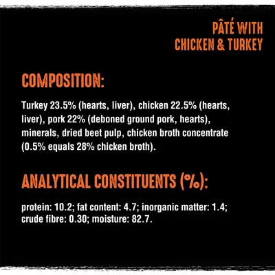 Pâté with chicken & turkey. Composition: turkey 23.5%, chicken 22.5%, pork 22%, minerals, dried beet pulp, chicken broth concentrate. Protein 10.2%, fat 4.7%, fibre 0.3%, moisture 82.7%.