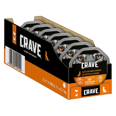 Crave paštéta s kuracím a morčacím mäsom, 100% prírodné kuracie, bez obilnín. Balenie: 2 x 7 misiek po 150 g, celková hmotnosť 2,1 kg.
