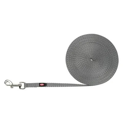 Graue Hundeleine aus strapazierfähigem Material mit Metallkarabiner und Trixie-Logo auf dem Band.