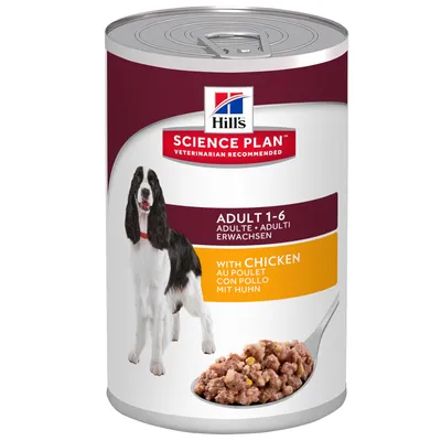 Boîte Hill’s Science Plan Adult 1–6 au poulet, texte visible : vétérinarian recommended, adulte 1–6, with chicken, image d’un chien et d’une cuillère de pâtée.