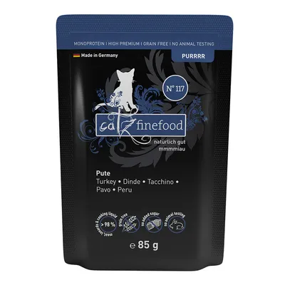 catz finefood Nr. 117, Pute, 85g. Made in Germany, monoprotein, High Premium, grain-free, ohne Zuckerzusatz, keine Tierversuche, 98% Fleischanteil inklusive Kochflüssigkeit.