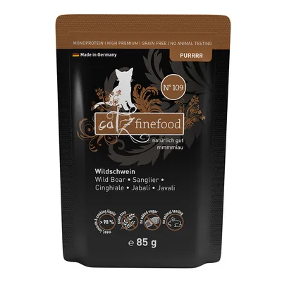 catz finefood PURRRR Nr. 109, Wildschwein, Monoprotein, High Premium, Getreidefrei, ohne Tierversuche, Made in Germany, 85g, ohne Zuckerzusatz, 98% Fleischanteil.