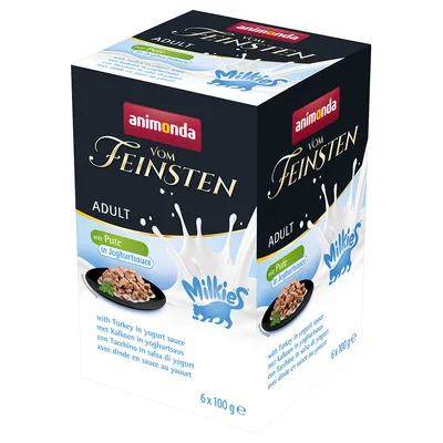 Animonda Vom Feinsten Adult com peru em molho de iogurte, Milkies, 6 x 100 g. Comida húmida para gatos adultos.