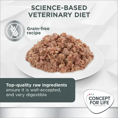 Concept for Life, dieta veterinaria grain-free. Ingredienti di alta qualità, ben accettato e molto digeribile. Testo in inglese: Science-based veterinary diet, top-quality raw ingredients.