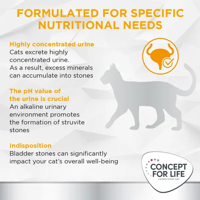 Testo in inglese: formulated for specific nutritional needs, highly concentrated urine, the pH value of the urine is crucial, indisposition. Marchio Concept for Life.